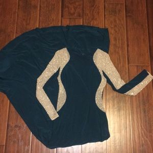 Long-sleeve studded color blocked gown